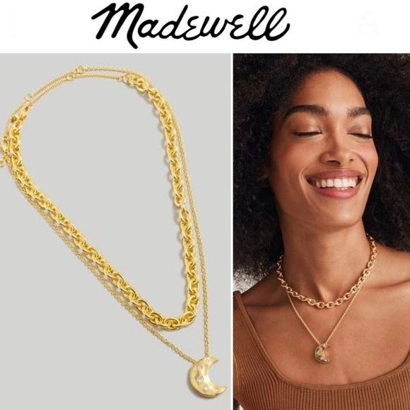 Madewell Metallic Celestial Moon Crystal Layered Pendant Necklace Gold NWT 48$ - Picture 1 of 7